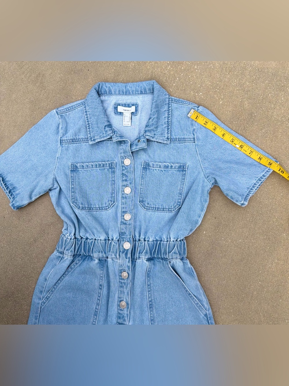 Forever 21 Light Blue Wide-Leg Button Front Short Sleeve Denim Jumpsuit Y2K XS - Picture 10 of 14
